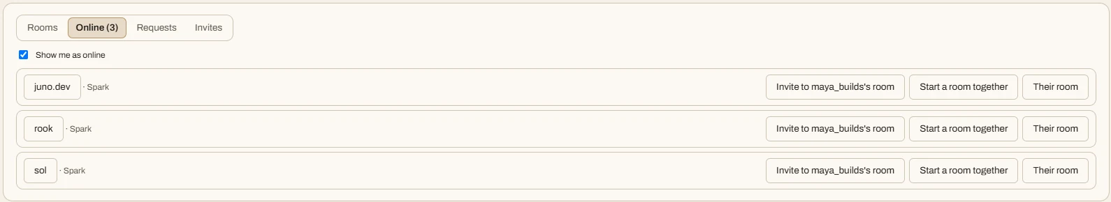 Who is online in the VibeStudio app, with Invite, Start a room together and Their room beside each person.
