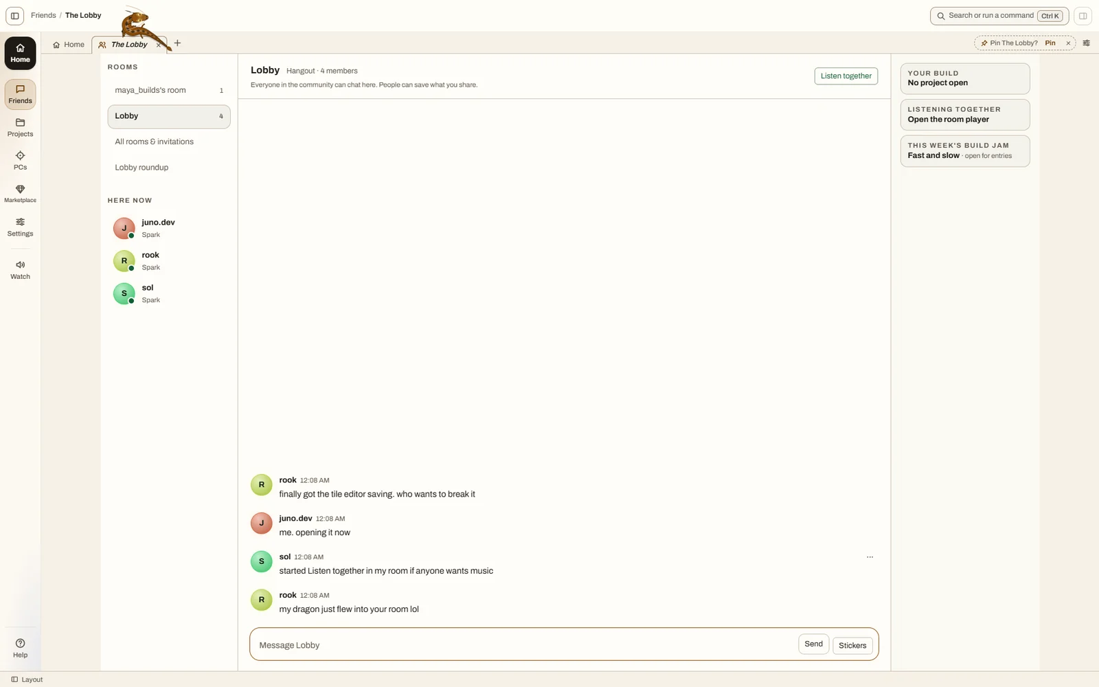 The Lobby in the VibeStudio app in the Warm paper look: the rooms, who is here now and the chat.